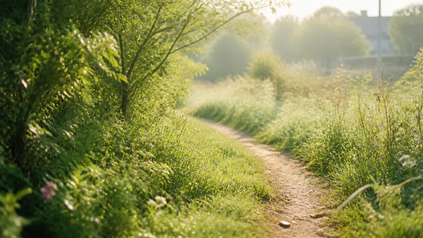 朝の光の中の、草の生えた小道。寄り道してもいいという「みちくさ」の象徴