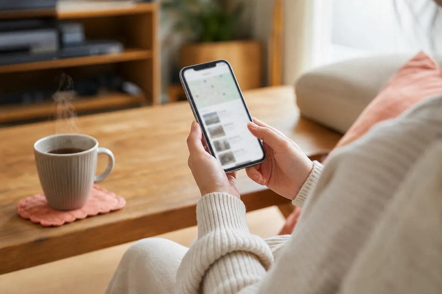 ソファでスマートフォンを手に、近くの不登校支援機関を探す保護者の手元